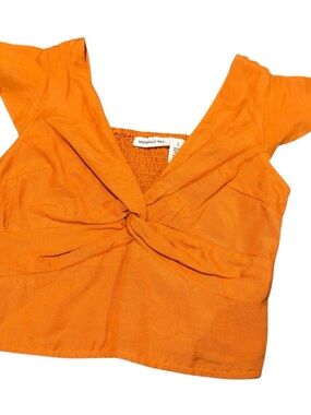 ☀️🌊Midnight Sky Orange Summer Knot Twist Front Smocked V Neck Top | S